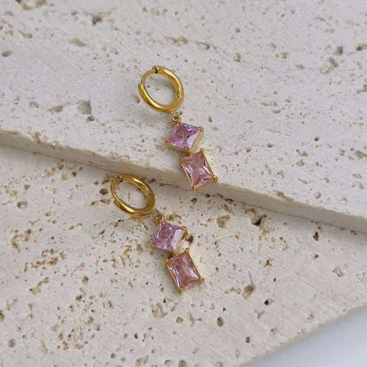 Triangle with square pink crystal drop earrings